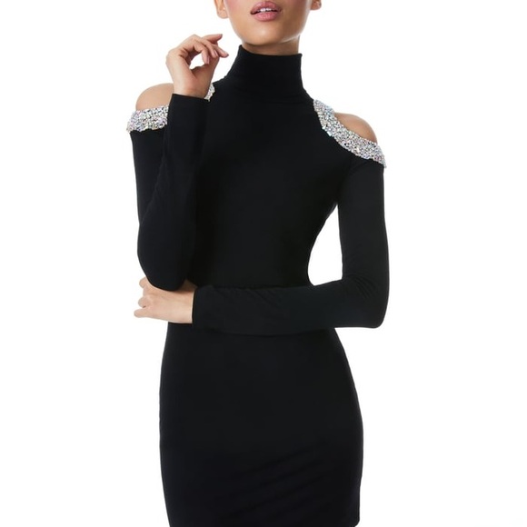 ALICE + OLIVIA Delora Embellished Shoulder cutout turtle neck mini Black Dress 2 - Picture 4 of 16